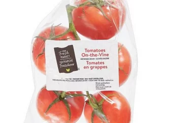 Prix: 1,30 $, Etait: 4,36 $, Tomates en grappes 0,57 – 0,80 kg